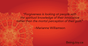 Quote over a red mandala - “Forgiveness is looking at people with the spiritual knowledge of their innocence rather than the mortal perception of their guilt.” ~Marianne Williamson