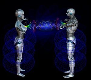 2 illustrated human forms with electrical magnet current flowing back and forth from their hearts.
