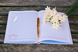 an open paper journal book with a pen and a few white daffodils