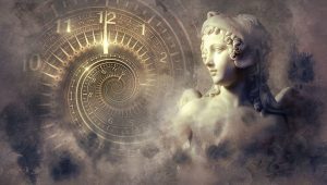 fantasy image with swirling clock, and a bust of woman's profile