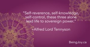 quote over violet mandala - “Self-reverence, self-knowledge, self-control, these three alone lead life to sovereign power.” ⁓ Alfred Lord Tennyson