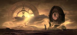 fantasy-style image with ethereal clouds surrounding a lady looking up at a huge clock
